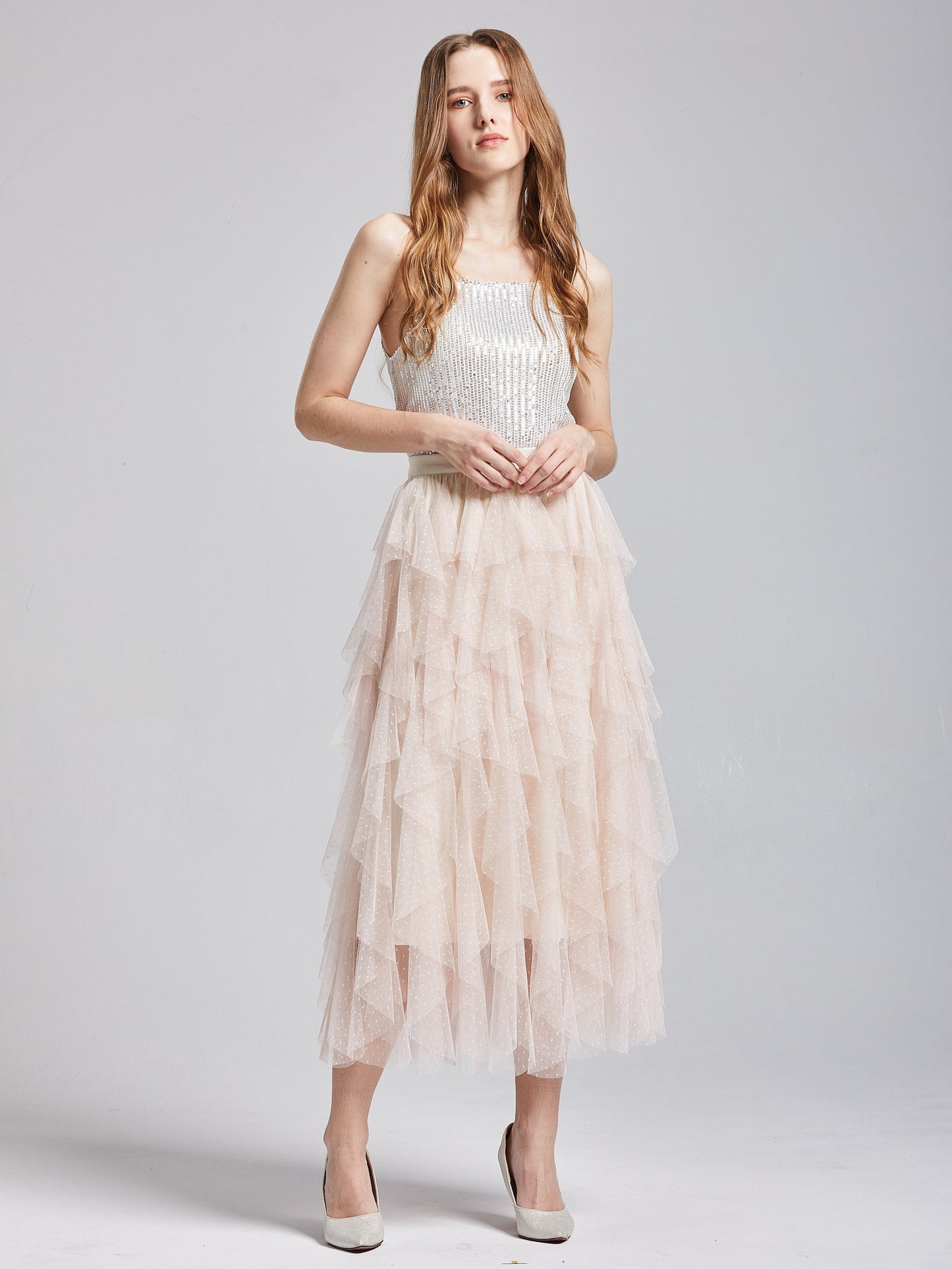 Enhanced Tiered Dot Tulle Skirt | Romantic Layered Cream Color Tulle Skirt | Cream Color Tulle Midi Skirt | Plus Size Tulle Skirt