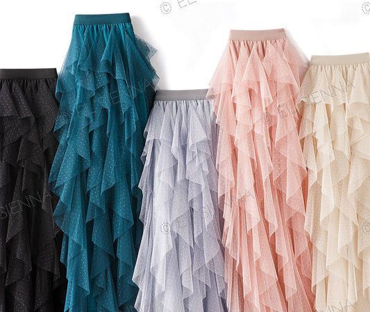 Enhanced Tiered Polka Dot Tulle Skirt | Ruffled Tulle Midi Skirt | Plus Size Ruffle Tulle Skirt | Tea Length Tulle Skirt