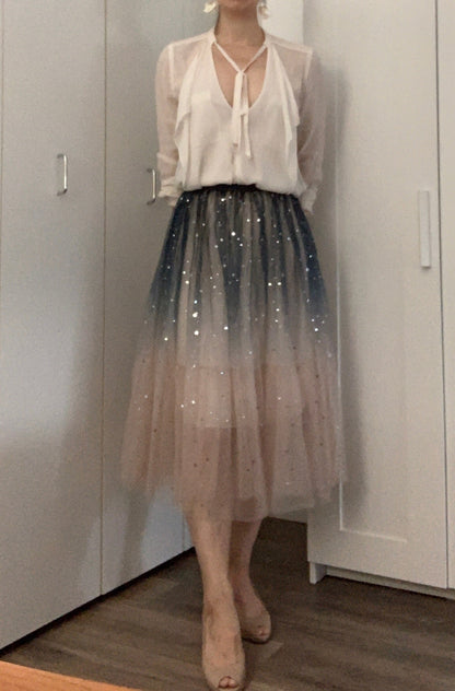 Sequin Star Embellished Tulle Midi Skirt | Sparkling Tulle Skirt | Party Skirt Holiday Skirt