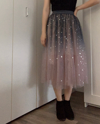 Sequin Star Embellished Tulle Midi Skirt | Sparkling Tulle Skirt | Party Skirt Holiday Skirt